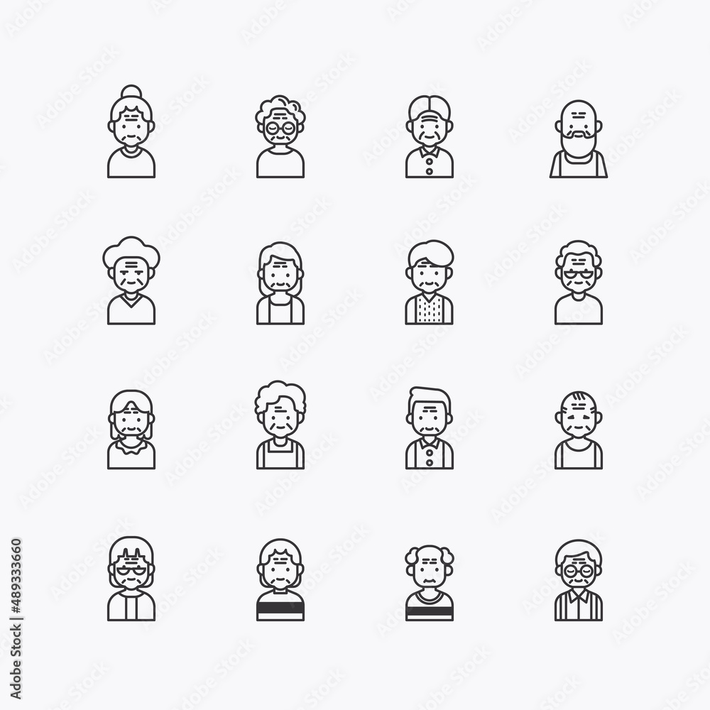 Bundle of Senior Elder women and men flat line icons collection. simple  design vector