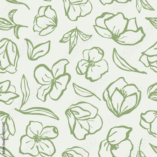 Sage green flowers with leaves seamless repeat pattern. Random placed, vector botanical element all over print for fashion, banners, as backgrounds etc.