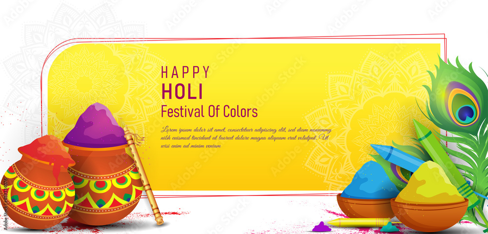 Happy holi festival banner template with holi powder color bowls on  multicolor background. Stock Vector | Adobe Stock