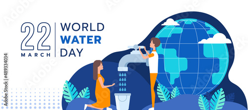 world water day - People are collecting water that flows from the faucet on the earth vector design