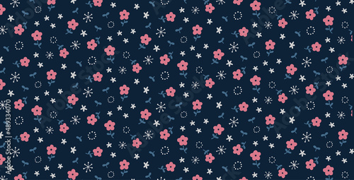 赤と白の花のイラスト　かわいいフラワーパターン　シームレス背景装飾