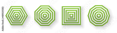 Sun protection striped umbrellas top view set for safe sunbathing. Shadow shield of gingham tents.