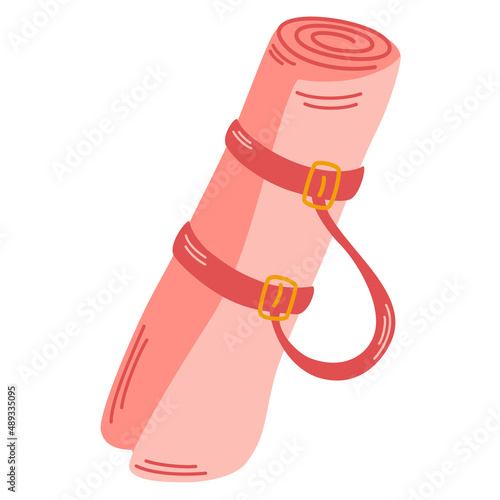 Yoga mat. Exercise Mat, Rolled Yoga Mat, Yoga Strap, Carrying Case, Gym Rat. Women's Fitness. Peaceful Exercise, Arm Strap, Gym Foam Mat. Healthy lifestyle and sport. Cartoon Vector Illustration