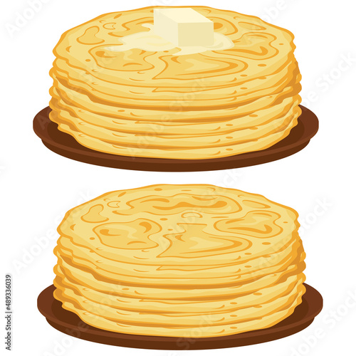 Pancakes on a plate with butter. Vector illustration set.