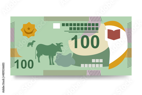 Mauritanian Ouguiya Vector Illustration. Mauritania, Sahrawi Republic money set bundle banknotes. Paper money 100 MRU. Flat style. Isolated on white background. Simple minimal design. photo