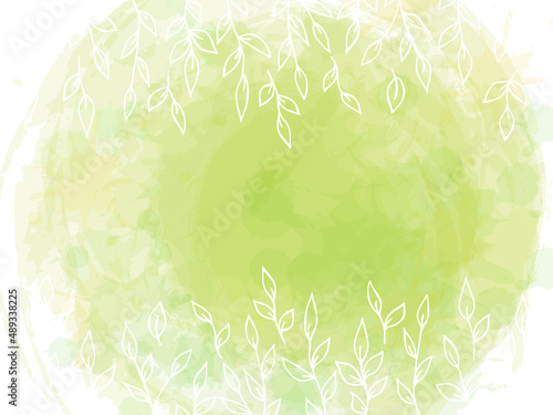 Spring lettering. Vector illustration with texture on a white background. A frame of white branches and leaves on a green watercolor backround.