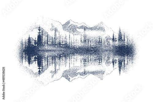 Forest and mountains are reflected in the lake, vignette. Vector sketch, imitation of a pencil drawing.