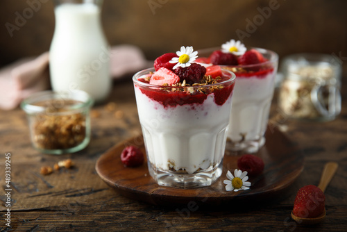 Yogurt dessert with granola and berries