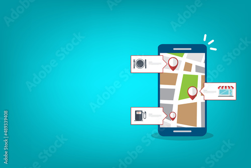 Store locator tracker app. Mobile gps navigation. Vector illustration.