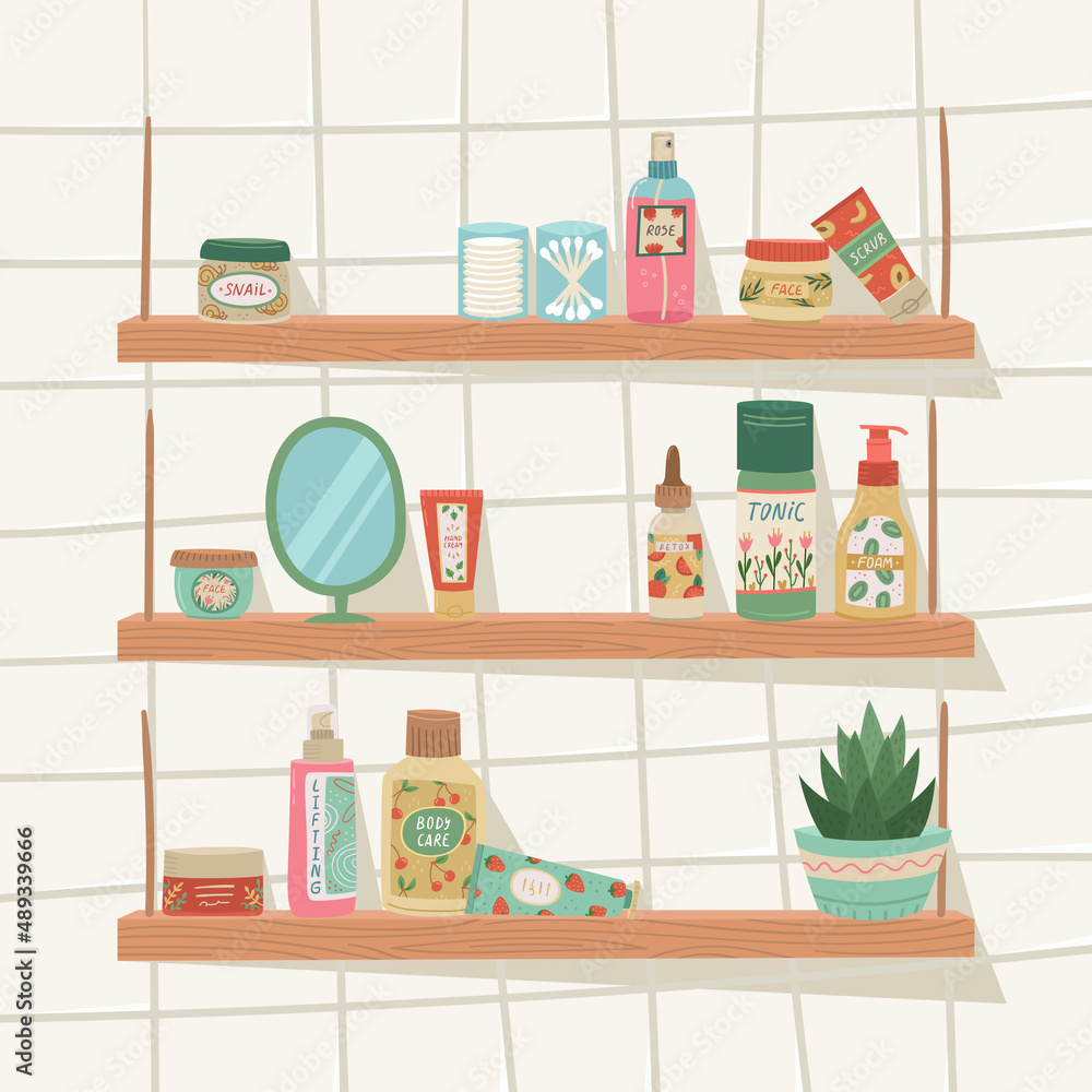 Vector illustration of a shelf with cosmetics for face and body care. Home cosmetic care.