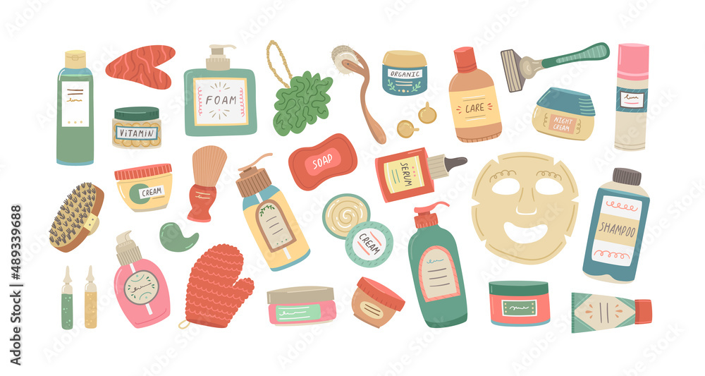 Vector set of cosmetics for face and body care. Beauty industry, home care.