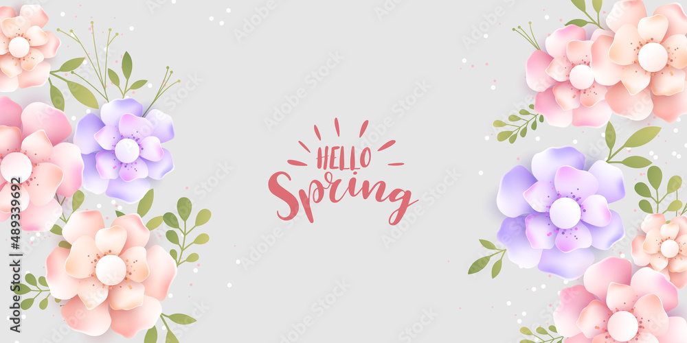 vector spring banner background with spring text and colorful paper cut flower elements vector illustration