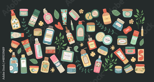 Vector set of cosmetics for face and body care. Beauty industry, home care.
