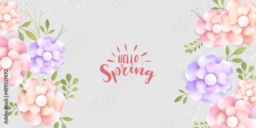 vector spring banner background with spring text and colorful paper cut flower elements vector illustration