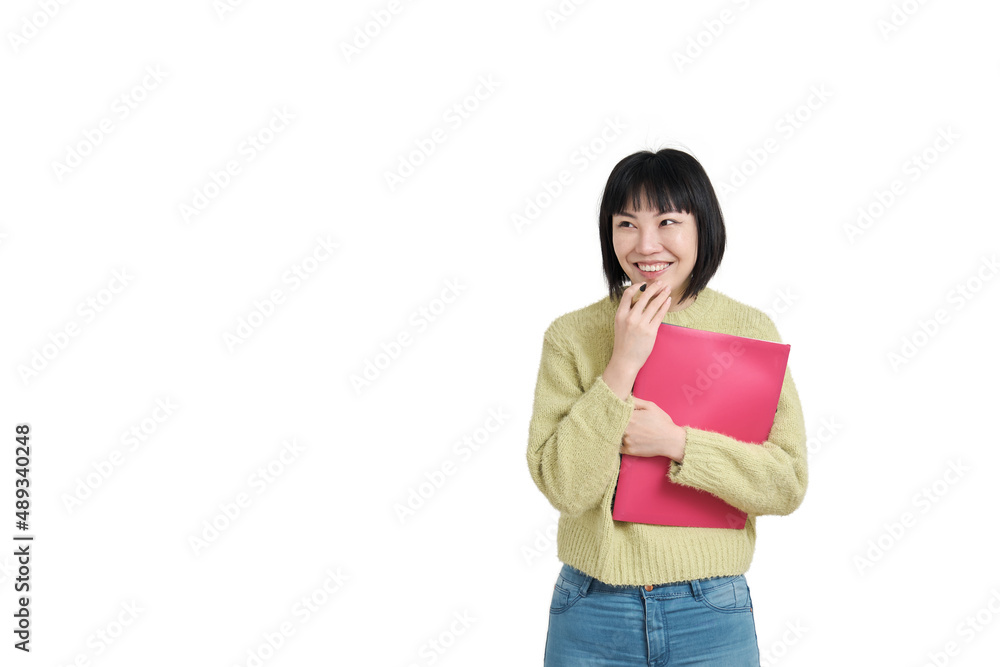 Young asian student woman laughing, wearing winter green sweater, isolated on white background. Young asian student woman laughing, wearing winter green sweater, isolated on white background.