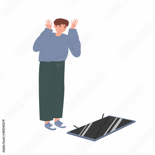 Young man is upset because of the broken TV. Male is in shock. A startled reaction. A man accidentally broke device. Cartoon vector illustration on an isolated white background.