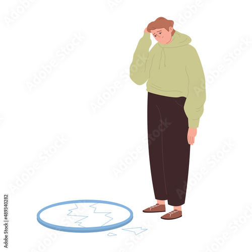 Young man is upset because of the broken mirror. Male is in shock. A startled reaction. A man accidentally broke thing. Cartoon vector flat illustration on an isolated white background.