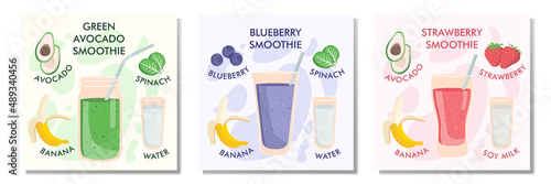 Set of 3 illustrations of healthy vegan strawberry, blueberry and avocado smoothie recipes with ingredients on light background. Can be used as menu element for cafe or restaurant.