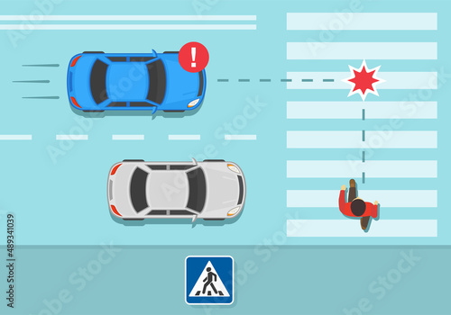 Safety driving rules and tips. Traffic regulation on pedestrian crossing. Hidden pedestrian about to be hit by car on crosswalk. Dangerous situation on zebra crossing. Flat vector illustration.