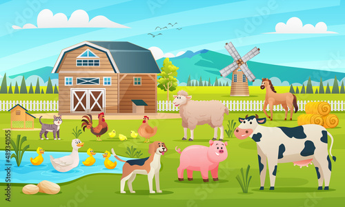 Farm animals set in the farming background cartoon illustration
