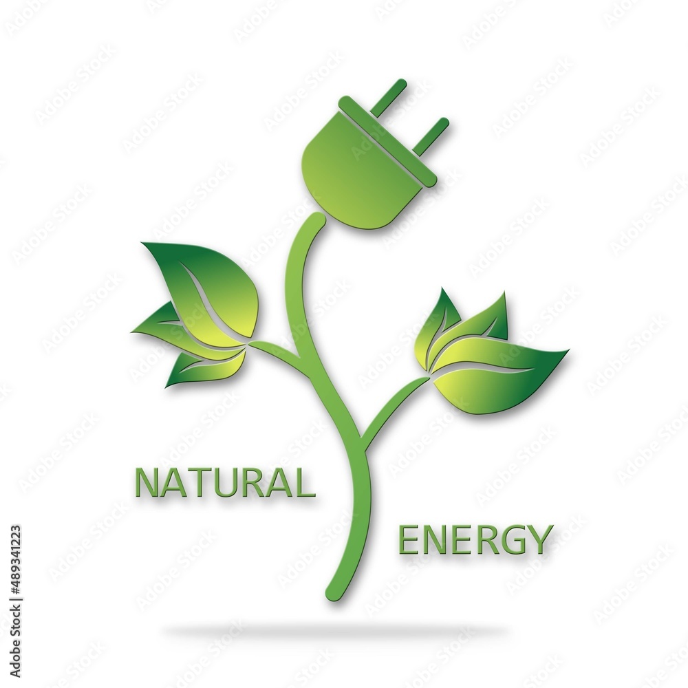 Electric plug icon with green leaves and lettering Natural Energy - Renewable energy concept, alternative green nature energy - isolated on white background - 3D Illustration Electric plug icon with green leaves and lettering Natural Energy - Renewable energy concept, alternative green nature energy - isolated on white background - 3D Illustration