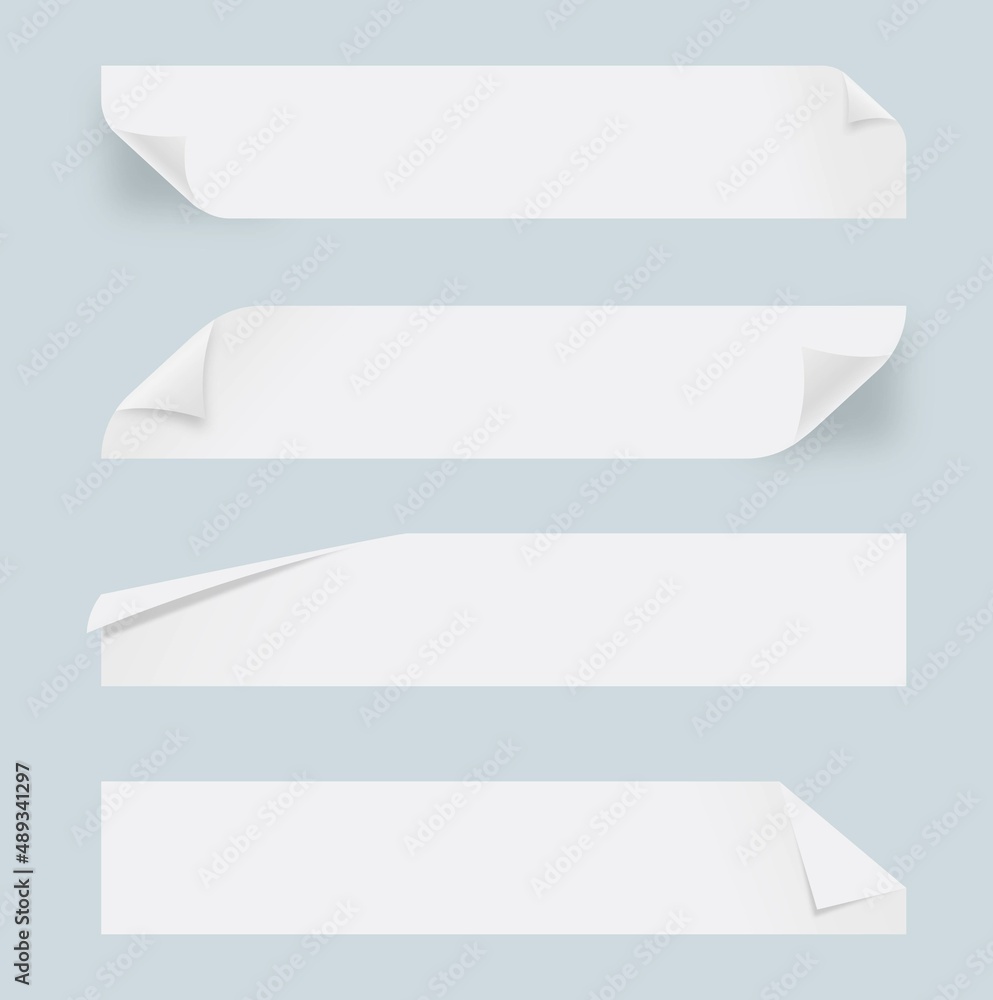 Horizontal banner with realistic white paper texture. Sticky masking stationery strip with wrinkles corners. Horizontal banner with realistic white paper texture. Sticky masking stationery strip with wrinkles corners.