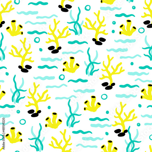 Sea Weeds and Corals Underwater Vector Seamless Pattern
