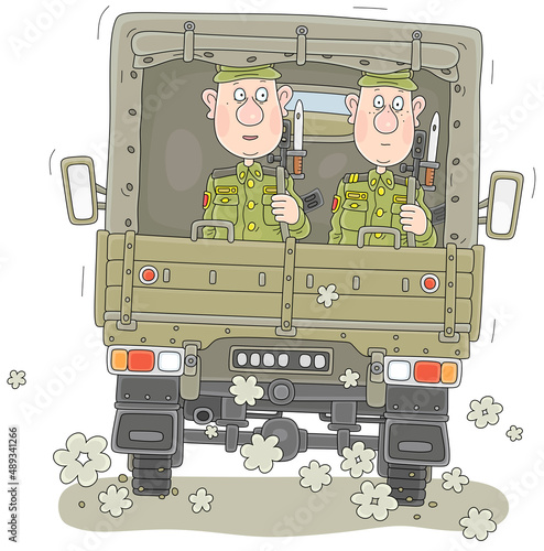 Young soldiers in khaki uniform with machine guns riding in a military lorry with a tent, vector cartoon illustration isolated on white