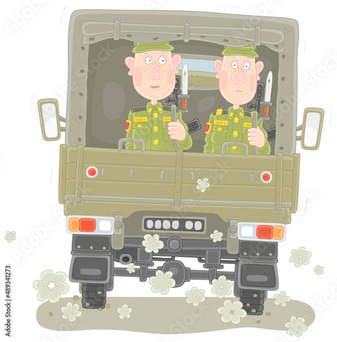 Young soldiers in khaki uniform with machine guns riding in a military lorry with a tent, vector cartoon illustration isolated on white