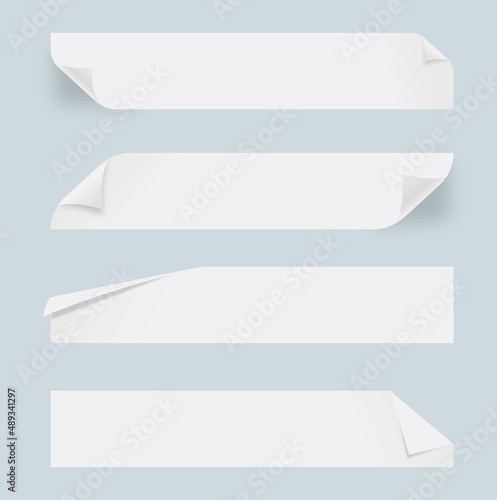 Horizontal banner with realistic white paper texture. Sticky masking stationery strip with wrinkles corners.