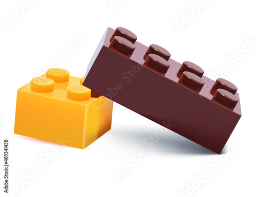 Vector realistic illustration of plastic bricks with assembly knots yellow and brown reddish isolated on white