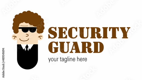 Cartoon funny muscular vector guard in a suit in suit and sunglasses. Security logo concept.