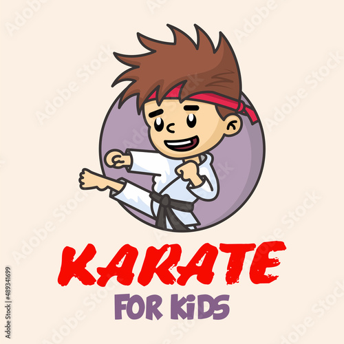 Jumping Boy in karate discipline. Martial arts school for childrens. Baby Karate logo. Strong kids concept.