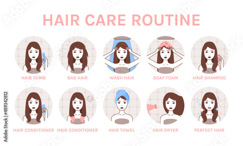 Hair Care Procedure. Woman with Dirty Hair Wash Head. Pretty Girl Use Shampoo, Conditioner, Foam and Towel. Perfect Hair and Happy. Cartoon line style. White background. Vector image for Beauty Design