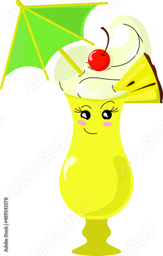 Pina colada cocktail with umbrella. cartoon character