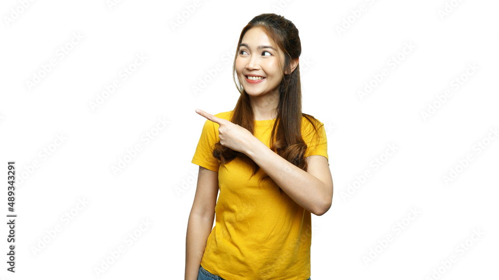 Young Asian woman on white background pointing with hands and fingers, looking to the side and camera, presenting with smile. Young Asian woman on white background pointing with hands and fingers, looking to the side and camera, presenting with smile.