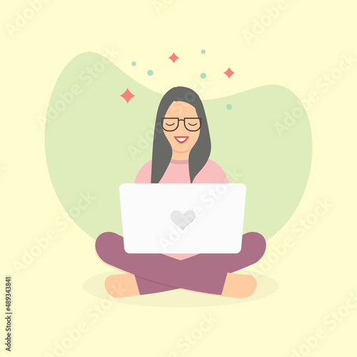 Young woman with laptop, sitting in lotus position. Studying, working, freelancing concept. Vector illustration in flat style