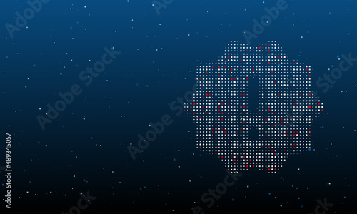 On the right is the warning symbol filled with white dots. Background pattern from dots and circles of different shades. Vector illustration on blue background with stars