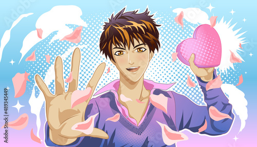 Young man gives a gift in the shape of a heart with flower petals. Illustration in the style of manga and anime.