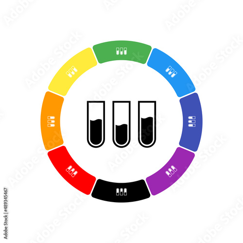 A large black water game symbol in the center, surrounded by eight white symbols on a colored background. Background of seven rainbow colors and black. Vector illustration on white background