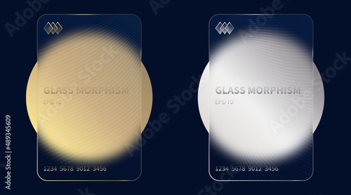 Glass morphism effect. Transparent frosted acrylic bank cards. Gold and silver gradient circles on black blue background. Realistic glassmorphism matte plexiglass shape. Vector