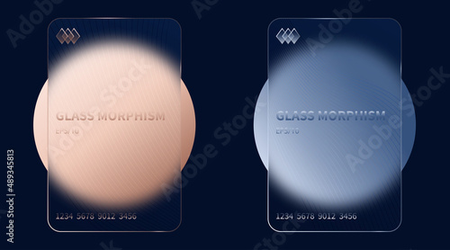 Glass morphism effect. Transparent frosted acrylic bank cards. Gold pink and silver gradient circles on black blue background. Realistic glassmorphism matte plexiglass shape. Vector