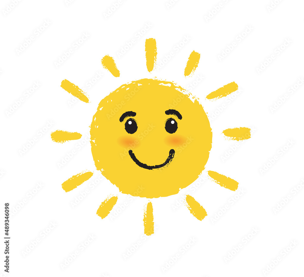 Smiling sun isolated on white background. Sun cartoon character. Vector illustration.