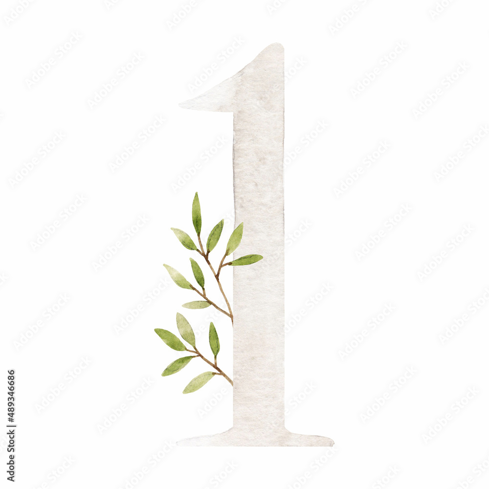 Beautiful stock illustration with watercolor hand drawn number 1 and