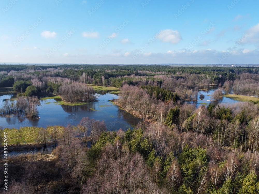 The Grabia river with high water level in central Poland. 