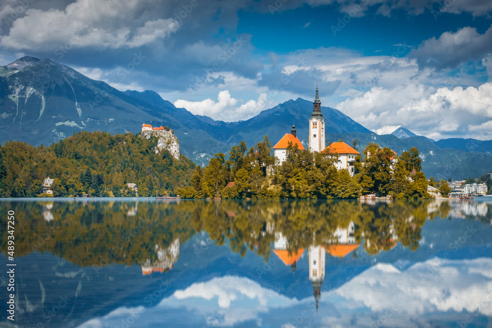 Perfect reflection of the island in Lake Bled, Slovenia