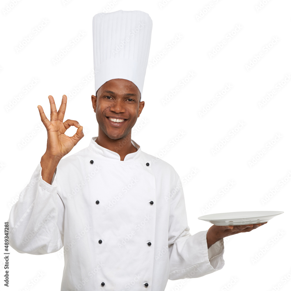 His dishes are always perfect. Portrait of an african chef signaling perfect with his hands. His dishes are always perfect. Portrait of an african chef signaling perfect with his hands.