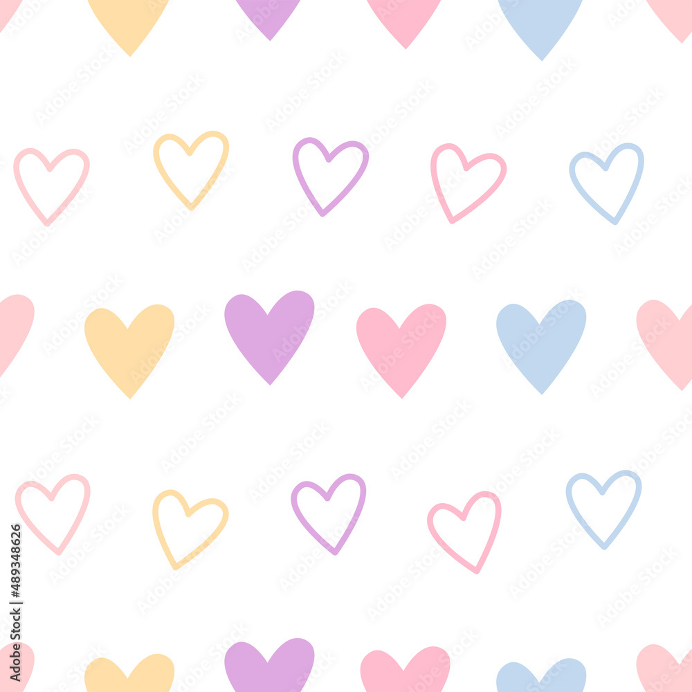 Cute seamless pattern with pink, blue and yellow heart shaped confetti in pastel colors. Can be used for wallpaper, scrapbooking, textile, baby clothes, gift wrapping, paper. Vector illustration Cute seamless pattern with pink, blue and yellow heart shaped confetti in pastel colors. Can be used for wallpaper, scrapbooking, textile, baby clothes, gift wrapping, paper. Vector illustration