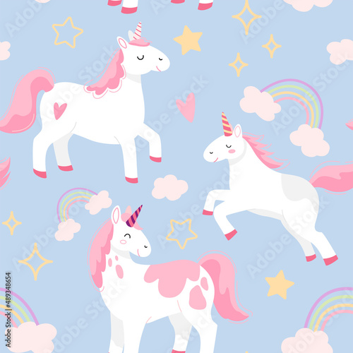 Childish seamless pattern with hand drawn unicorns  rainbow and hearts  horses and pink flowers. Trendy cartoon kids vector background. Can be used for wallpaper  scrapbooking  textile  baby clothes. 