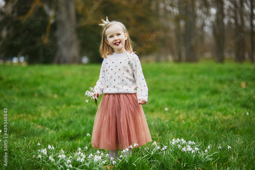 Cute preschooler girl in princess crown standing in the grass with many snowdrop flowers in park or forest on a spring day Cute preschooler girl in princess crown standing in the grass with many snowdrop flowers in park or forest on a spring day